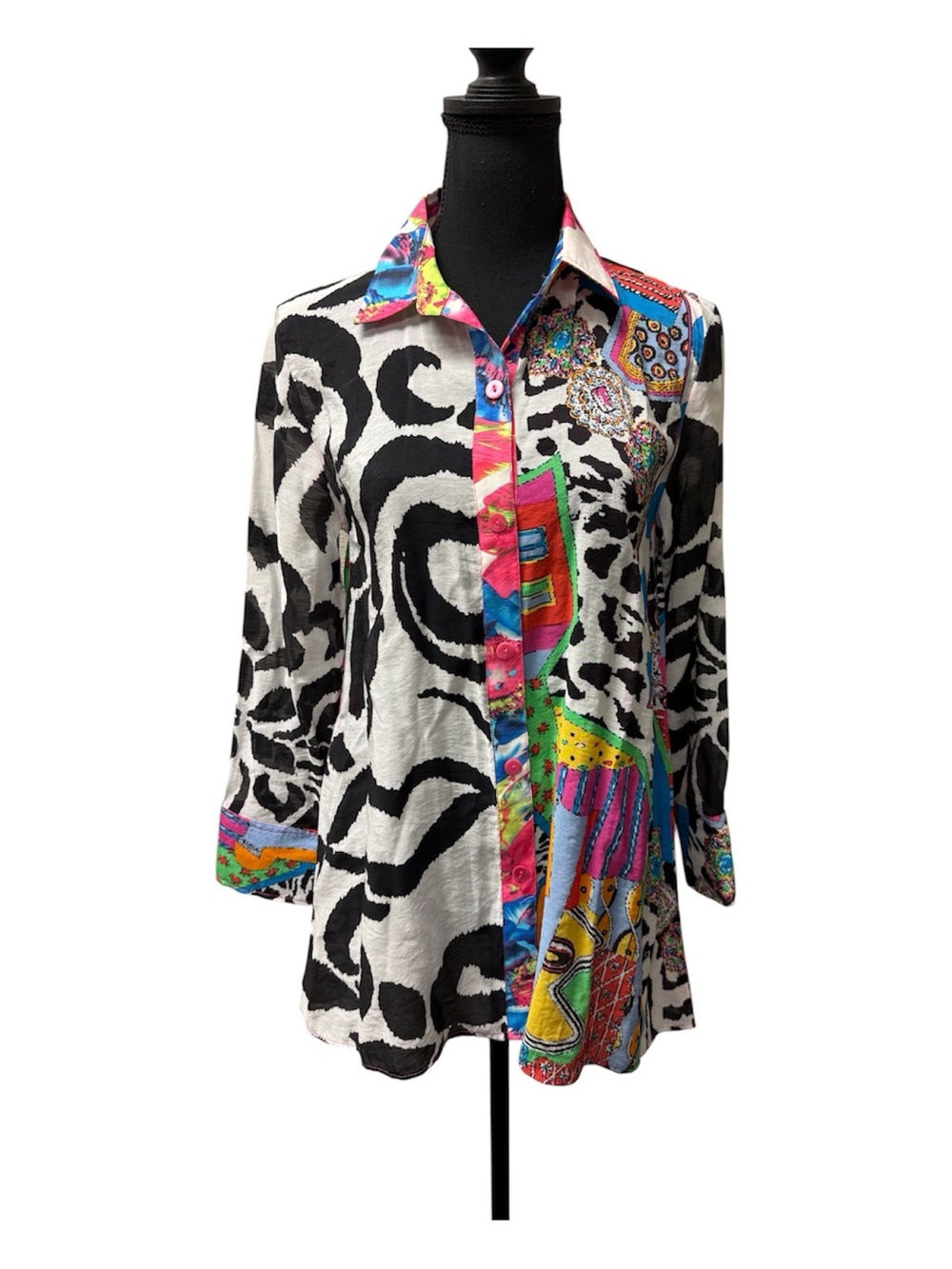 Pleats Collection Patchwork Shirt Small Colorful Abstract Zebra Button Top